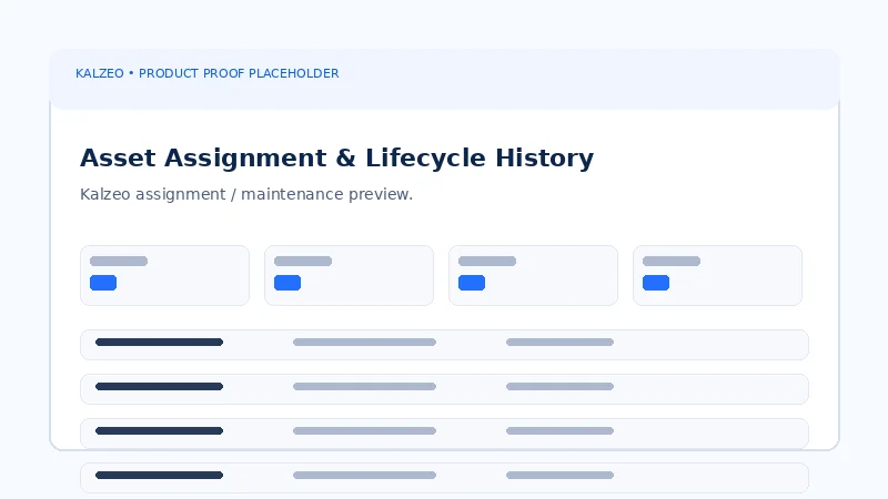Kalzeo asset assignment transfer warranty and maintenance history workspace