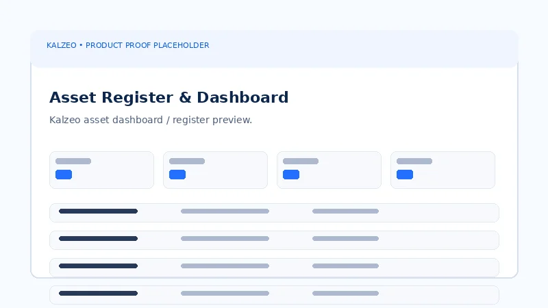 Kalzeo asset management dashboard and asset register showing asset status and operational visibility