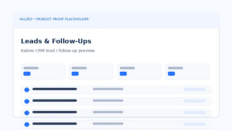 Kalzeo CRM Lite lead management workspace showing lead status priority source assignment and follow-up information