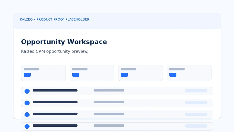 Kalzeo CRM Lite opportunity workspace showing stages activities ownership and sales progress