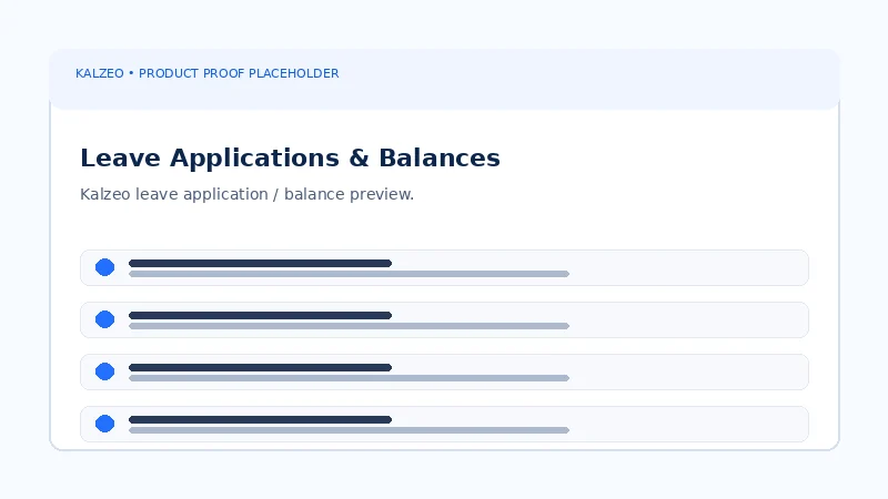 Kalzeo leave application approval and employee leave balance workspace