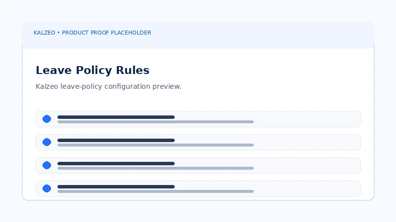 Kalzeo leave policy rules showing quota accrual carry forward and eligibility settings