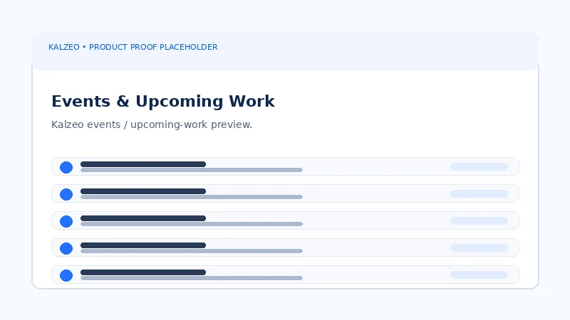 Kalzeo events calendar and upcoming work workspace for tasks and scheduled workforce activities